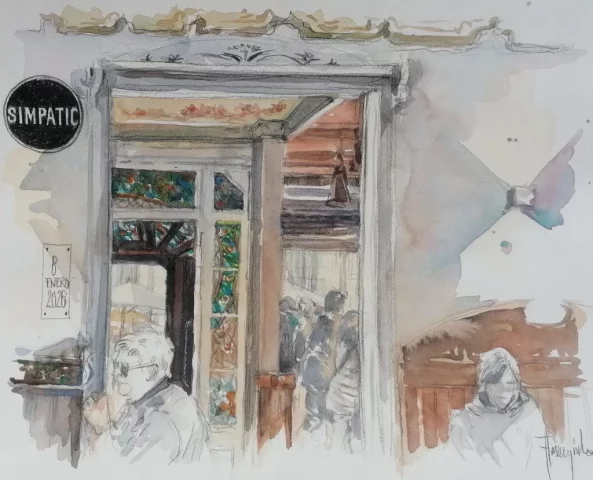 Ilustración de interior de cafetería en acuarela artística