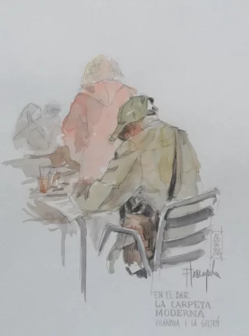 Ilustración en acuarela de escena urbana en bar con personas