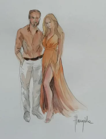 Acuarela de invitados en boda con vestido verde y traje elegante