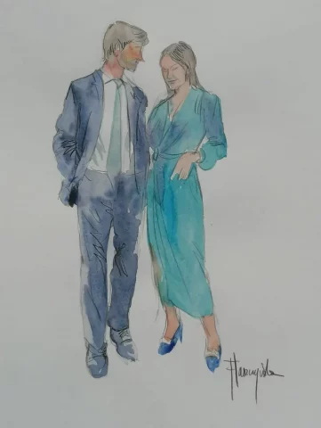 Acuarela de invitada con vestido verde en boda elegante