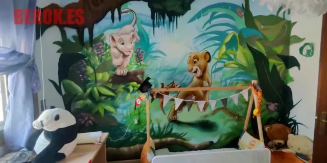 Mural infantil El Rey León en habitación Graffiti infantil Simba y Nala en selva estilo Disney en habitación bebé