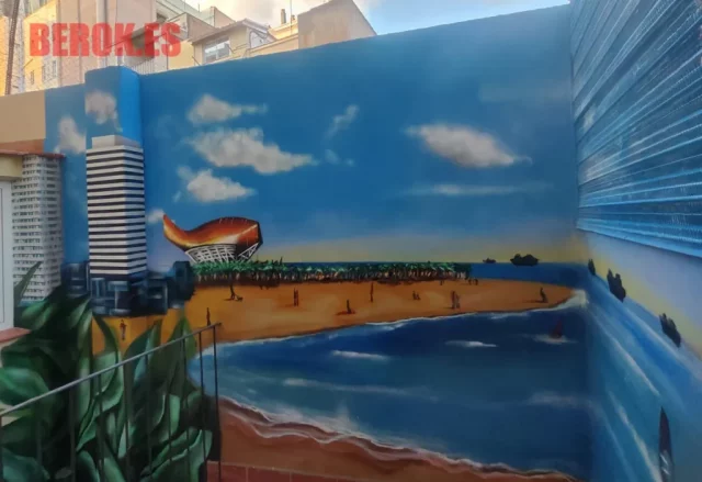 Mural playa en patio con profundidad Graffiti patio con playa, mar, skyline y palmeras en estilo realista