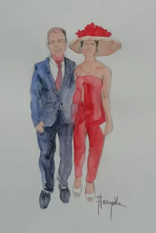 Ilustración de invitados de boda en acuarela durante evento en directo