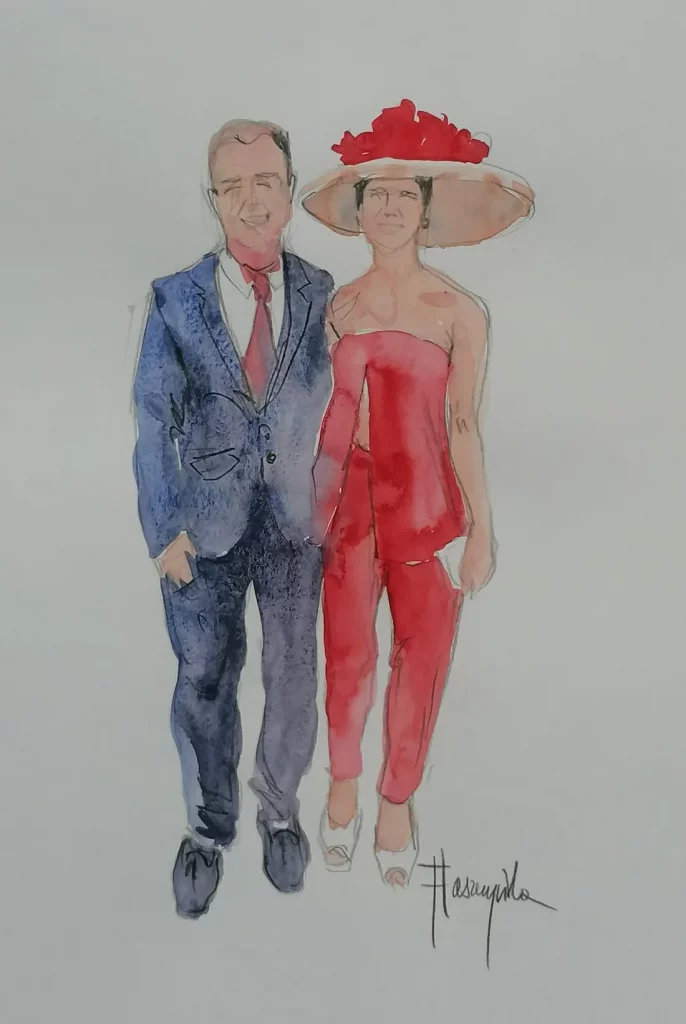 Ilustración de invitados de boda en acuarela durante evento en directo