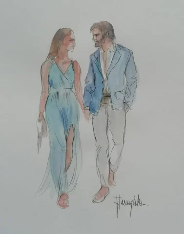 Acuarela en vivo de pareja elegante en boda con retrato artístico