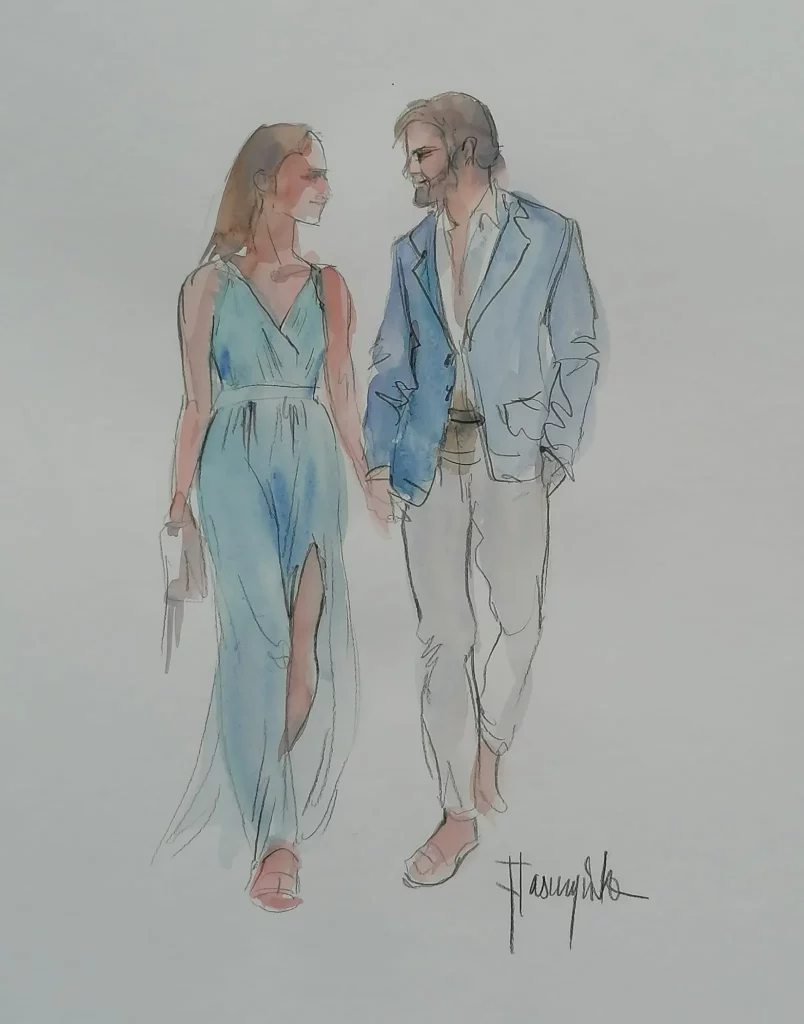 Acuarela en vivo de pareja elegante en boda con retrato artístico