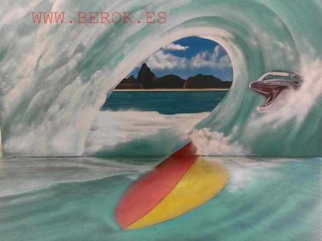 Trampantojo 3D de ola gigante con tabla de surf y delfín pintado en pared y suelo.