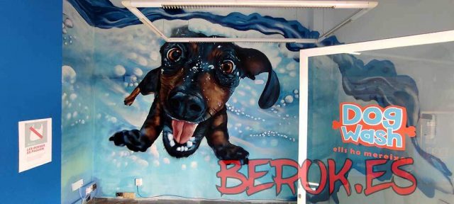 Mural de perro nadando bajo el agua en centro Dog Wash con efecto acuático y burbujas