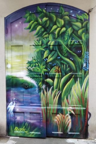 Puerta decorada con graffiti de paisaje selvático, lago y vegetación tropical en estilo fantástico.