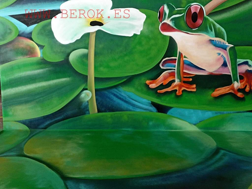 Trampantojo 3D de rana tropical sobre nenúfares pintado en pared y suelo.