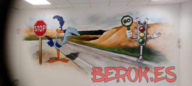 Mural para autoescuela con el Correcaminos, señal de stop y semáforo animado en Sant Quirze.