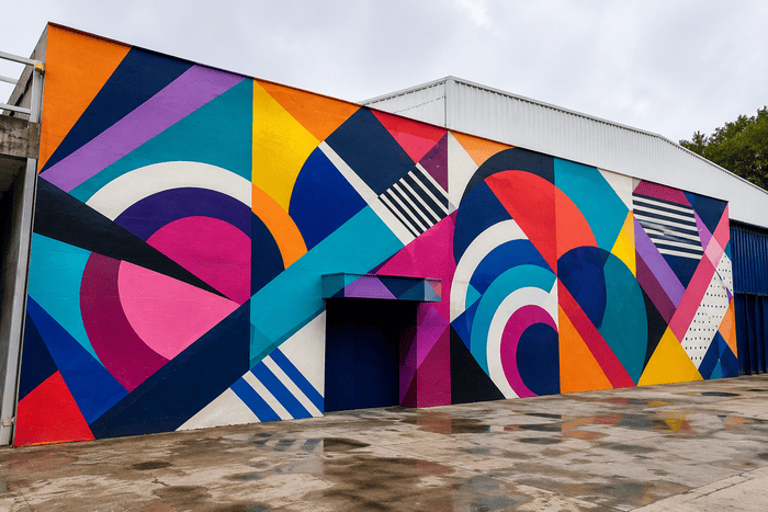 Graffiti geométrico profesional en fachada industrial de Buenos Aires con arte urbano colorido inspirado en Santa Fe, Córdoba, Corrientes y Entre Ríos.