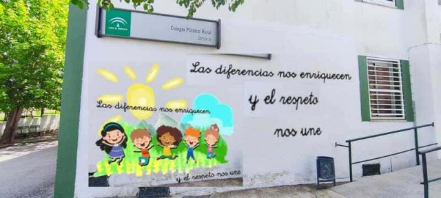 Boceto inicial de mural infantil en CEIP Besana Boceto de paisaje infantil pintado por niños en el colegio CEIP Besana de Ventorros de San José