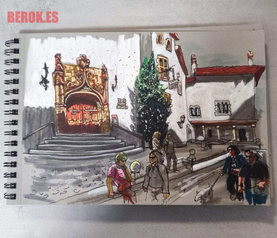 Dibujo urbano del Racó de la Calma de Sitges realizado con tinta y acuarela en cuaderno.