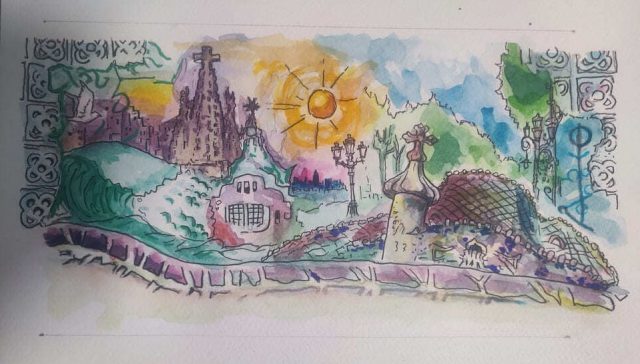 Lámina en acuarela inspirada en Barcelona con la Sagrada Familia y elementos de Gaudí.