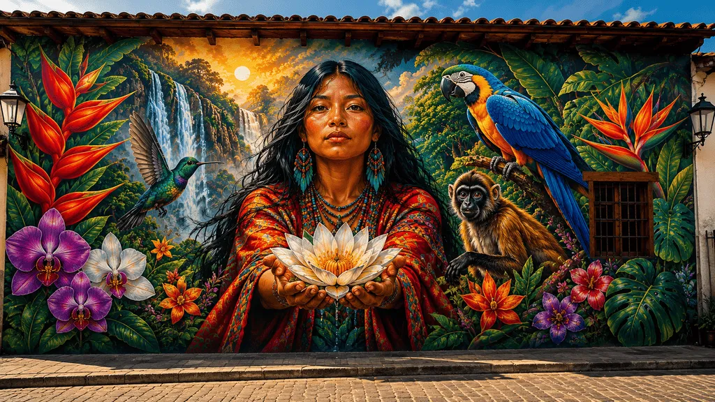 Mural graffiti en Quito y Cayambe Ecuador con mujer, guacamayo, mono, colibrí, cascadas y flores tropicales.