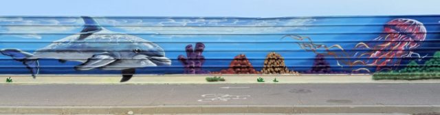 Mural de delfín y medusa Graffiti marino con delfín y medusa en mural de arte urbano en Cubelles
