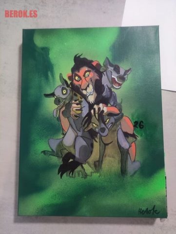 Cuadro artístico de Scar rodeado por las hienas con fondo verde inspirado en El Rey León.