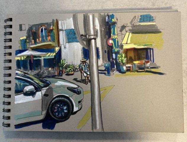 Boceto urbano de la zona de La Fragata en Sitges con un coche en primer plano.