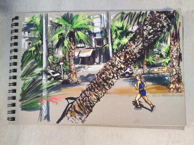 Dibujo urbano del paseo marítimo de Sitges con palmeras y una corredora.