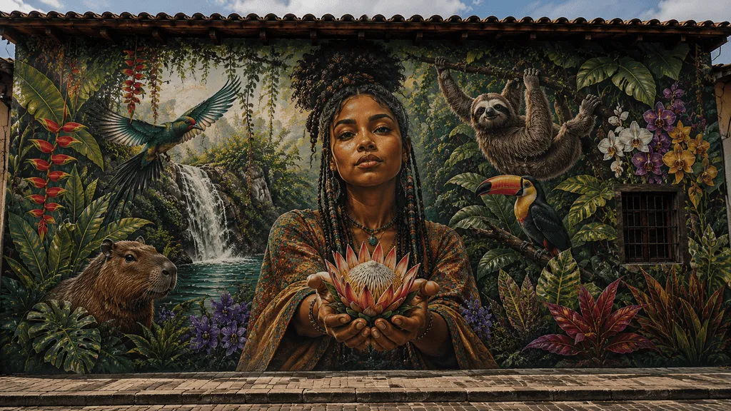 Graffiti mural en Cayambe Ecuador con mujer, cascada, tucán, capibara, perezoso y flor tropical.
