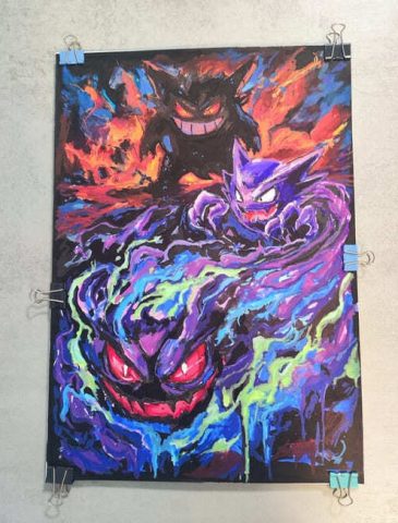 Cuadro artístico de Gengar con efectos de fuego y energía inspirado en Pokémon.