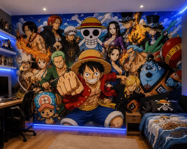 Mural de One Piece en habitación juvenil con Monkey D. Luffy, Roronoa Zoro, Nami, Sanji, Tony Tony Chopper, Nico Robin, Franky, Jinbe, Portgas D. Ace, Trafalgar Law y Shanks pintados en una pared completa.