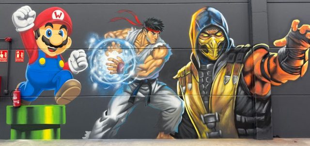 Graffiti con Mario Bros, Ryu y Scorpion de Mortal Kombat pintados en estilo realista.