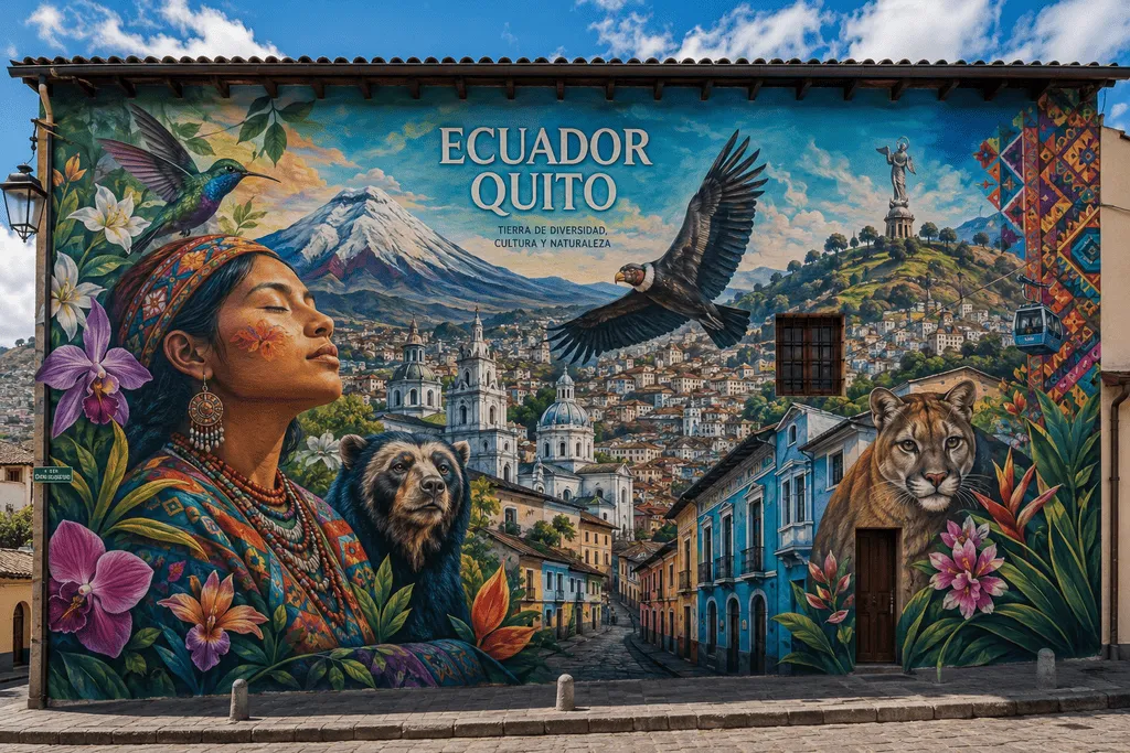 Graffiti mural de Quito Ecuador con mujer indígena, volcán Cotopaxi, cóndor andino, oso de anteojos y puma