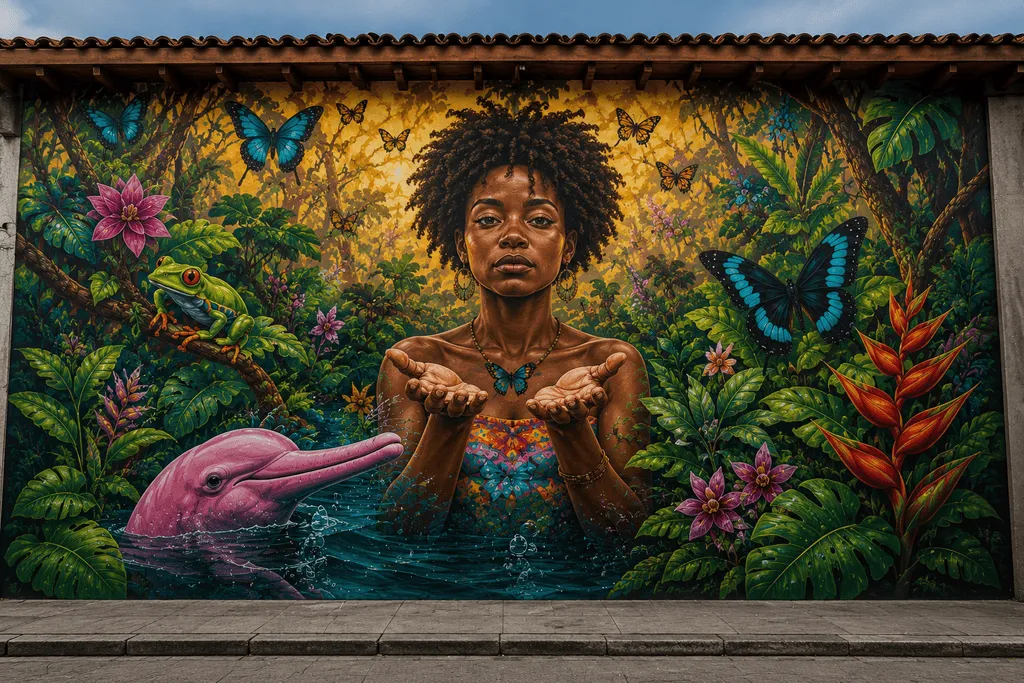 Graffiti mural en Quito Ecuador con mujer, delfín rosado, mariposas, rana y vegetación tropical.