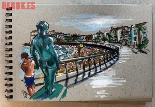 Urban sketch de La Mujer Mediterránea de Sitges con la playa de Sant Sebastià, el paseo marítimo y las casas del litoral realizado con acuarela en un cuaderno de viaje.