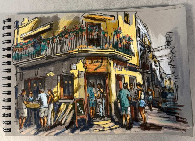 Sketch urbano Bar El Cable Sitges Sketch urbano del Bar El Cable de Sitges con terraza y fachada