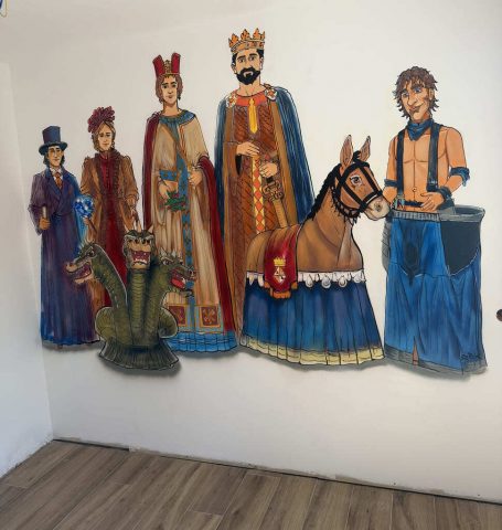 Mural gegants Cosme Damiana Esteve y Placida Granollers Mural con los gegants Cosme Damiana Esteve y Placida junto al Drac la Mulassa y en Farras de Granollers