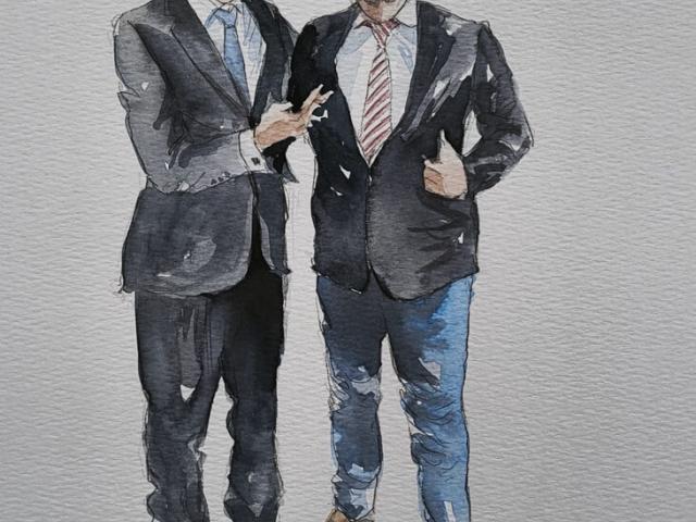 Retrato en acuarela de dos hombres con traje Ilustración en acuarela de dos hombres con trajes oscuros y camisa blanca posando juntos de cuerpo entero.