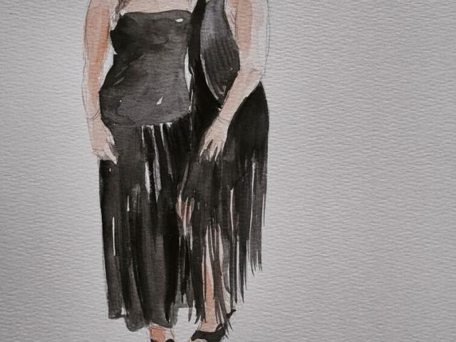 Detalle de acuarela de dos mujeres con vestidos negros Vista cercana de una ilustración de dos mujeres con vestidos negros sobre papel de acuarela texturado.
