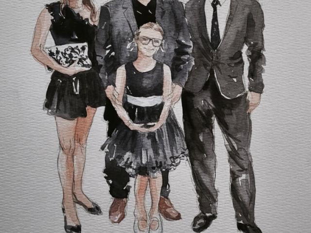 Detalle del retrato familiar de cuatro personas Ilustración familiar en acuarela de cuatro personas vestidas para un evento, con dos mujeres y dos hombres.