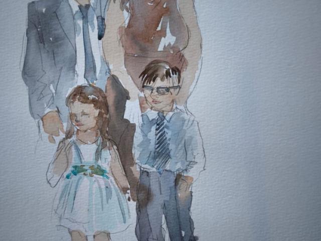 Retrato familiar en acuarela con dos niños Ilustración en acuarela de una familia formada por dos adultos y dos niños vestidos para un evento.