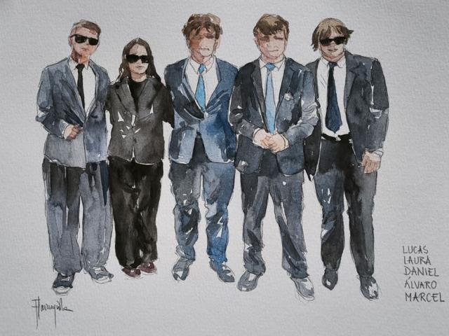 Detalle del retrato de grupo de cinco personas Vista cercana de una acuarela de cinco personas con trajes y vestidos, varias con gafas de sol.
