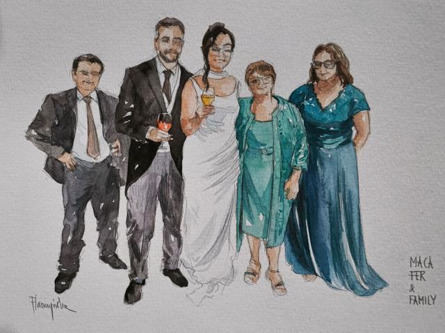Detalle del retrato familiar con vestidos verdes Vista cercana de una ilustración familiar de cinco personas en acuarela, con vestidos verdes y trajes oscuros.