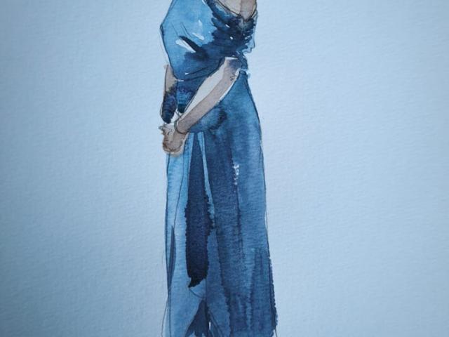 Retrato en acuarela de mujer con vestido azul Ilustración en acuarela de cuerpo entero de una mujer con vestido azul largo y hombros descubiertos.