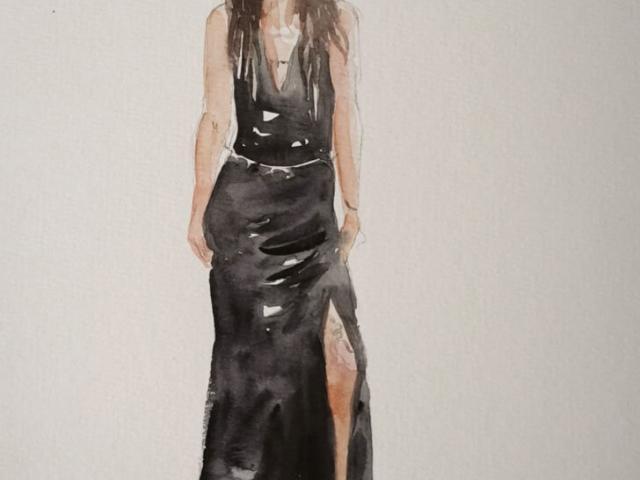 Detalle de acuarela de mujer con vestido negro Vista cercana del retrato de una mujer de cuerpo entero con vestido negro largo sobre papel texturado.