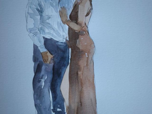 Detalle del retrato de pareja con camisa blanca Vista cercana de una pareja ilustrada en acuarela con camisa blanca y vestido largo marrón.