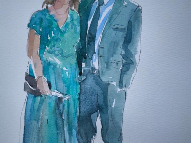Detalle del retrato de pareja con vestido verde Ilustración de una pareja de cuerpo entero, con vestido verde y traje azul, pintada en acuarela.
